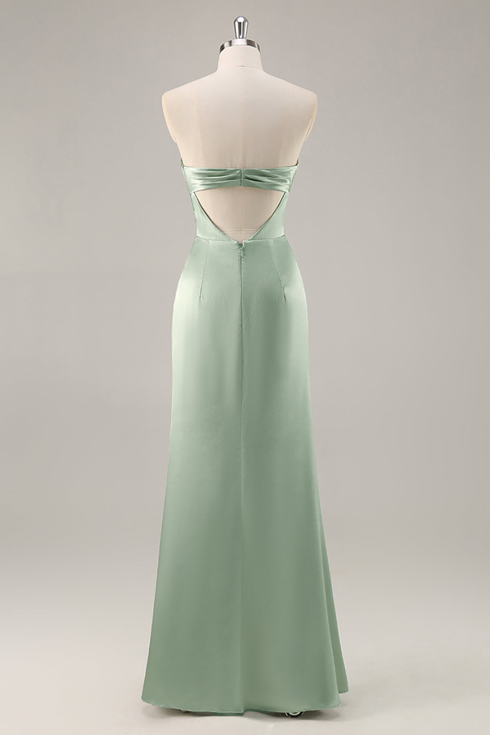 Salbeigrünes Trägerloses Langes Brautjungfernkleid aus Satin mit Schlitz