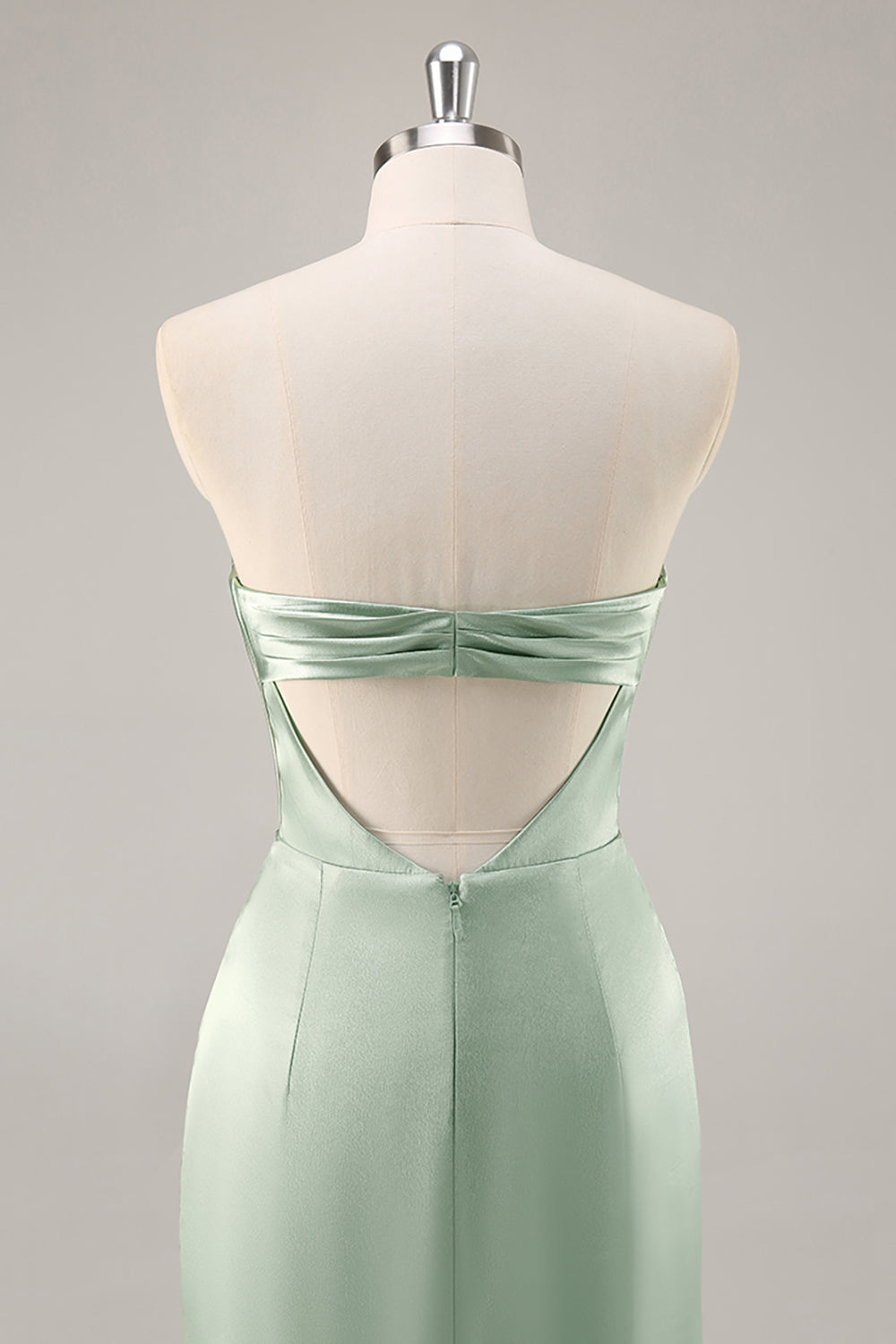 Salbeigrünes Trägerloses Langes Brautjungfernkleid aus Satin mit Schlitz