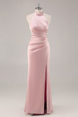 Blush Langes Hochgeschlossenes Brautjungfernkleid aus Satin mit Rüschen und Schlitz