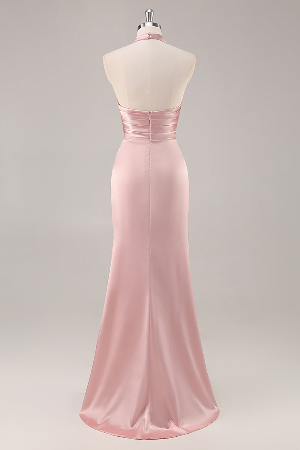 Blush Langes Hochgeschlossenes Brautjungfernkleid aus Satin mit Rüschen und Schlitz