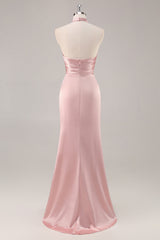Blush Langes Hochgeschlossenes Brautjungfernkleid aus Satin mit Rüschen und Schlitz