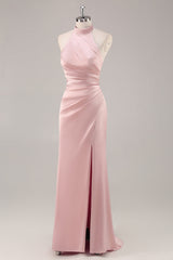 Blush Langes Hochgeschlossenes Brautjungfernkleid aus Satin mit Rüschen und Schlitz