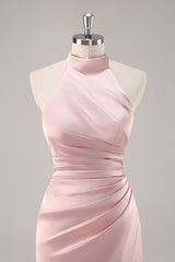 Blush Langes Hochgeschlossenes Brautjungfernkleid aus Satin mit Rüschen und Schlitz