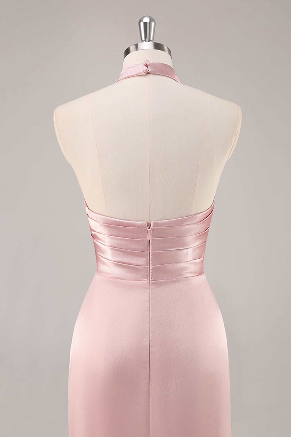 Blush Langes Hochgeschlossenes Brautjungfernkleid aus Satin mit Rüschen und Schlitz