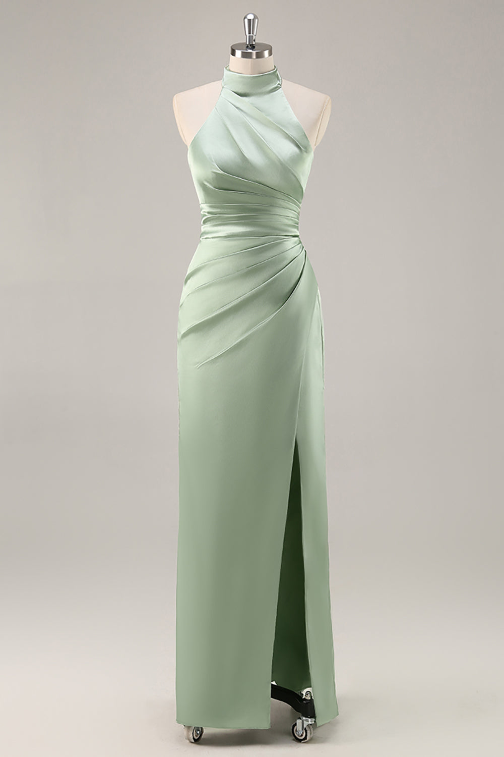 Blush Langes Hochgeschlossenes Brautjungfernkleid aus Satin mit Rüschen und Schlitz