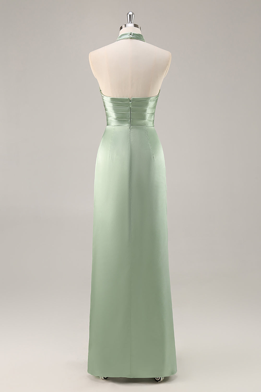 Blush Langes Hochgeschlossenes Brautjungfernkleid aus Satin mit Rüschen und Schlitz