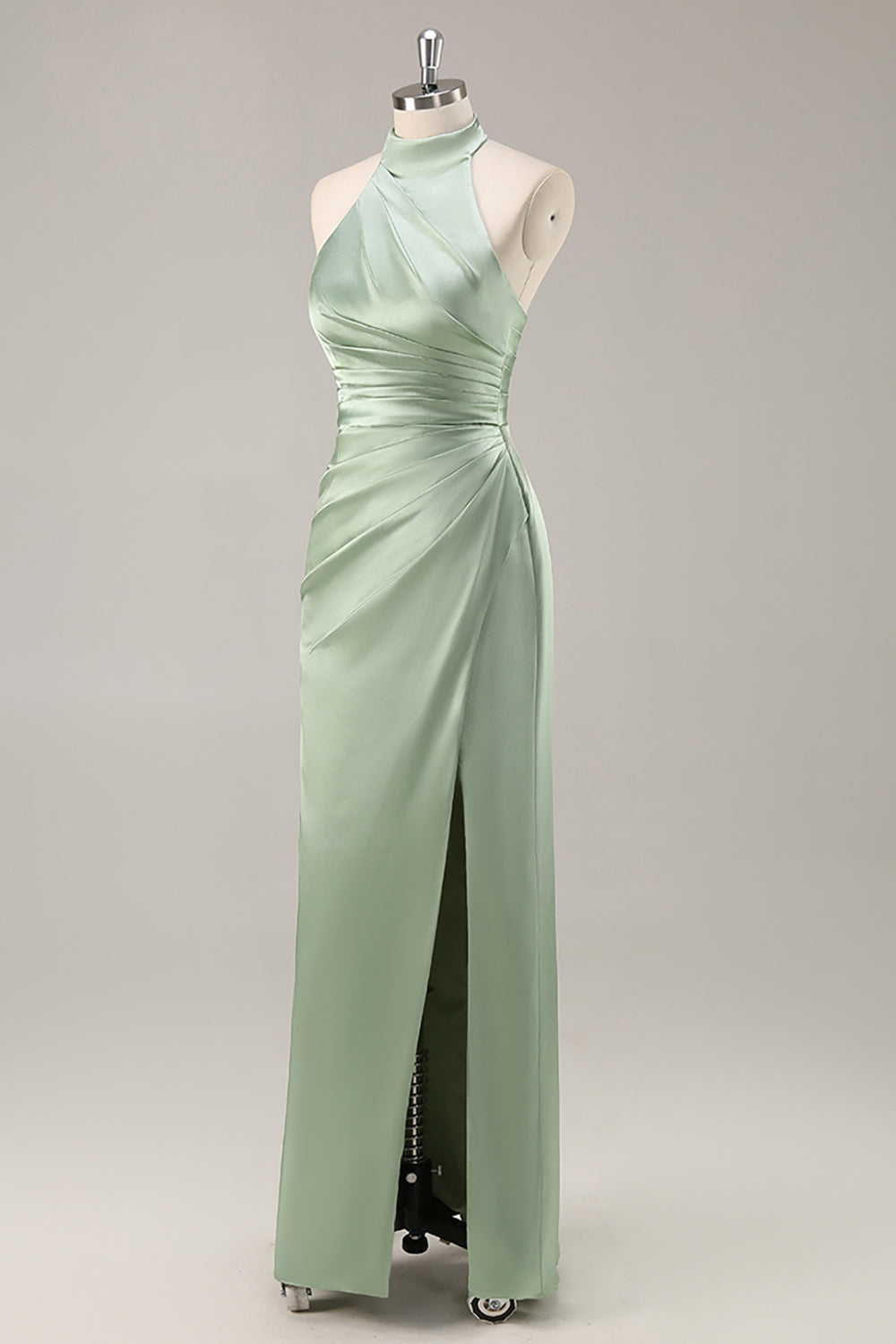 Blush Langes Hochgeschlossenes Brautjungfernkleid aus Satin mit Rüschen und Schlitz