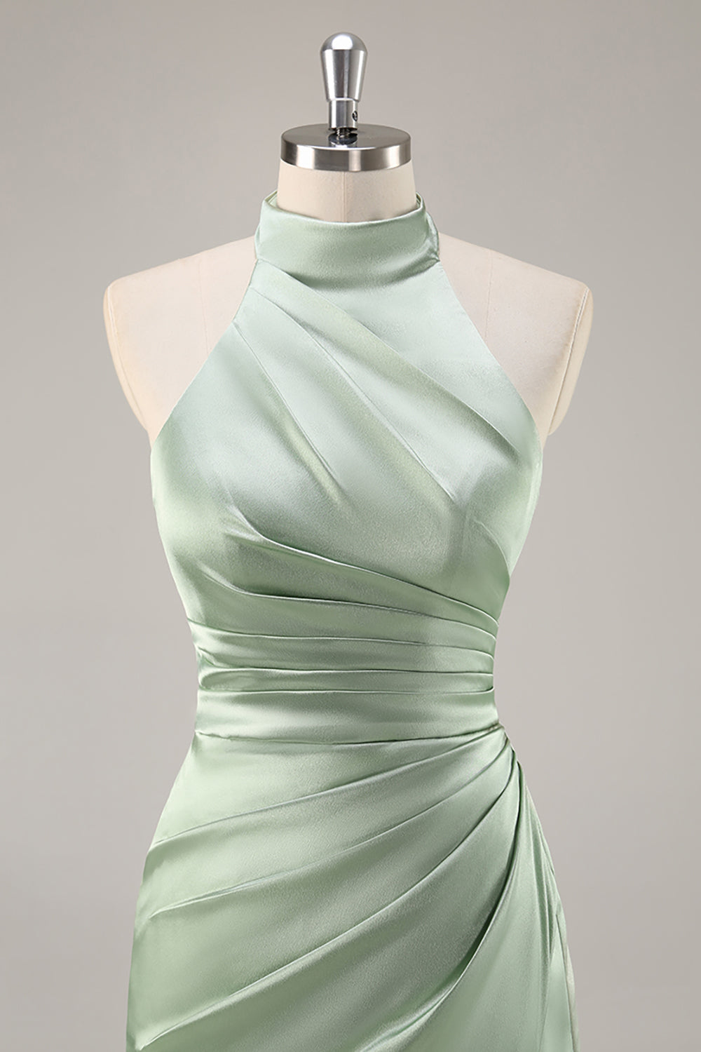 Blush Langes Hochgeschlossenes Brautjungfernkleid aus Satin mit Rüschen und Schlitz