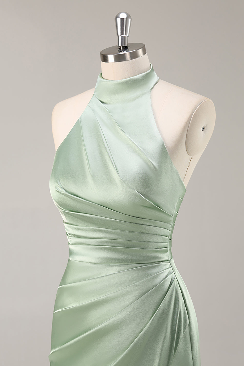 Blush Langes Hochgeschlossenes Brautjungfernkleid aus Satin mit Rüschen und Schlitz