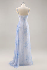 Blaues Blumen Meerjungfrauen Korsett Langes Brautjungfernkleid mit Schlitz
