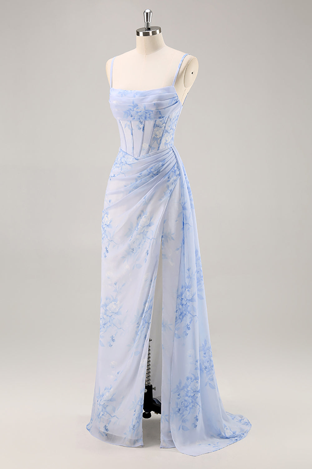 Blaues Blumen Meerjungfrauen Korsett Langes Brautjungfernkleid mit Schlitz