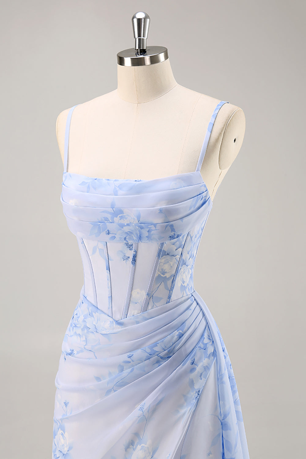 Blaues Blumen Meerjungfrauen Korsett Langes Brautjungfernkleid mit Schlitz