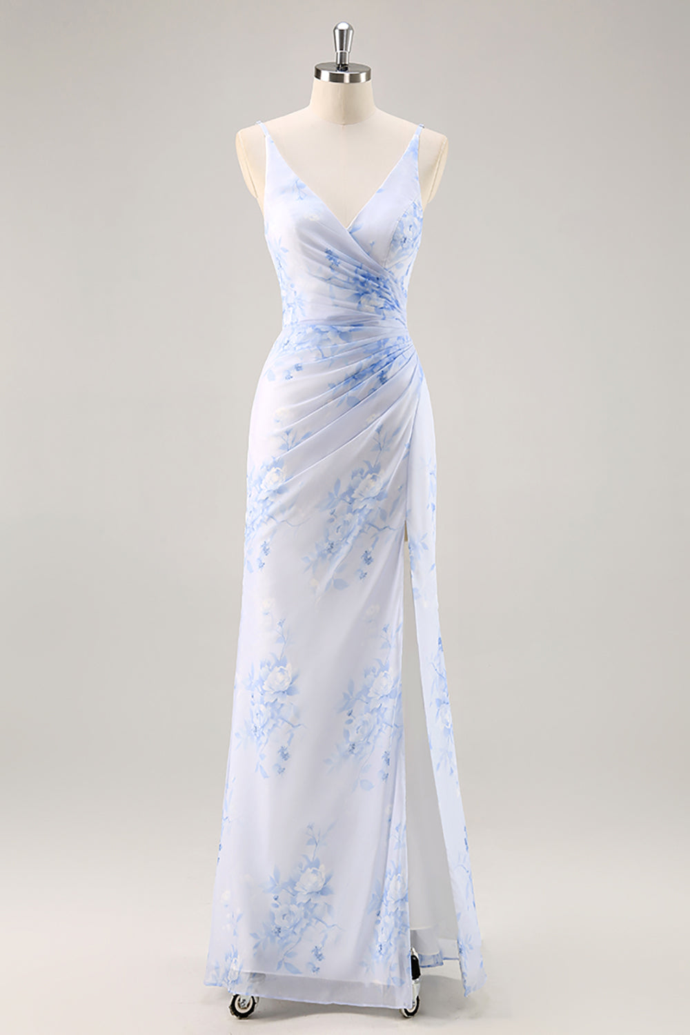 Blaues Geblümtes Gerafftes Chiffon Brautjungfernkleid mit Schlitz