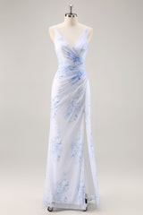 Blaues Geblümtes Gerafftes Chiffon Brautjungfernkleid mit Schlitz