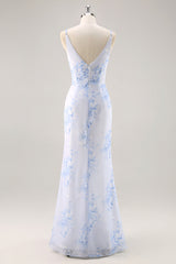 Blaues Geblümtes Gerafftes Chiffon Brautjungfernkleid mit Schlitz