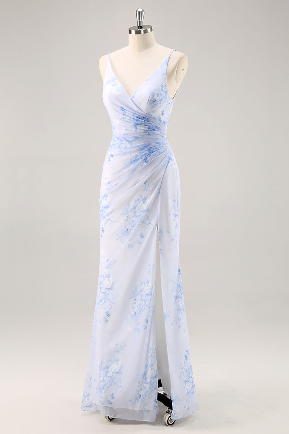 Blaues Geblümtes Gerafftes Chiffon Brautjungfernkleid mit Schlitz
