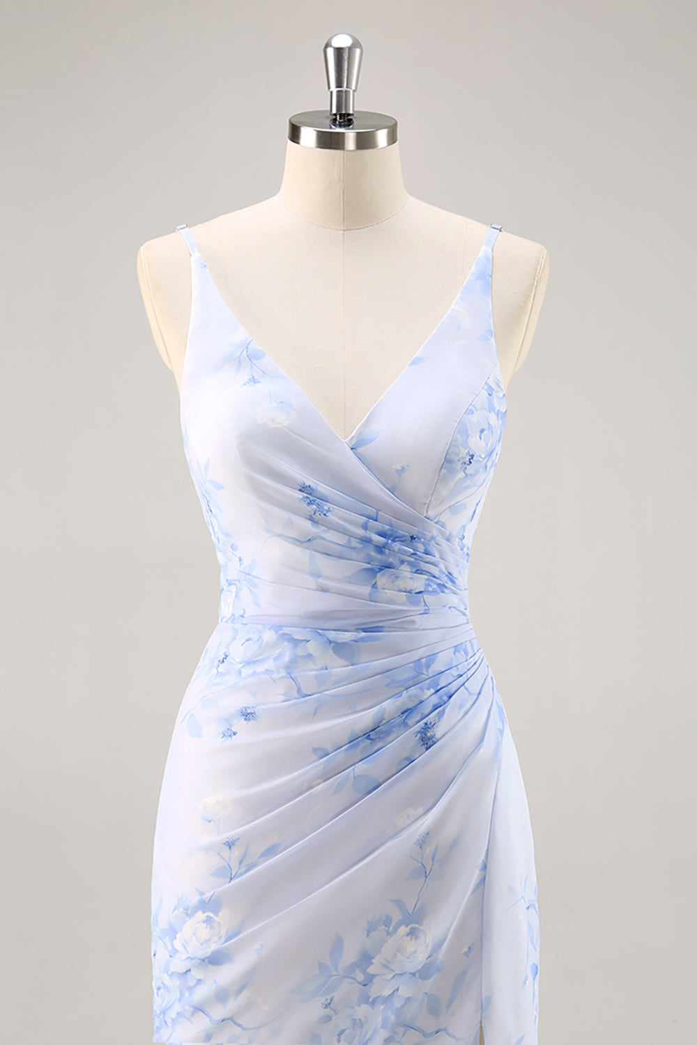 Blaues Geblümtes Gerafftes Chiffon Brautjungfernkleid mit Schlitz