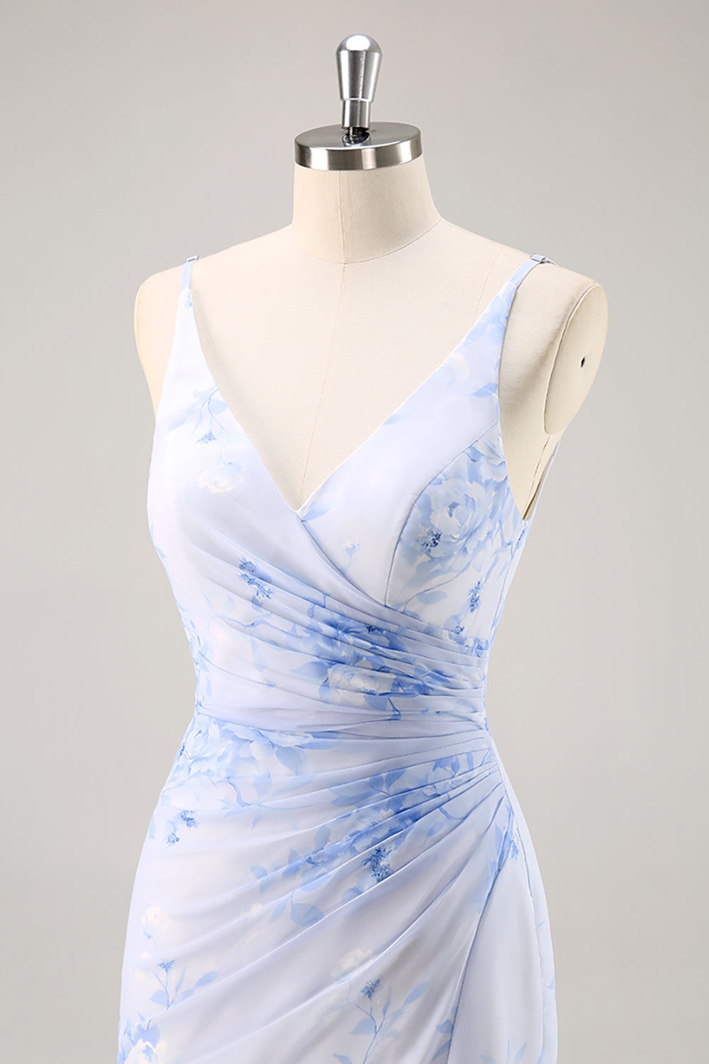 Blaues Geblümtes Gerafftes Chiffon Brautjungfernkleid mit Schlitz