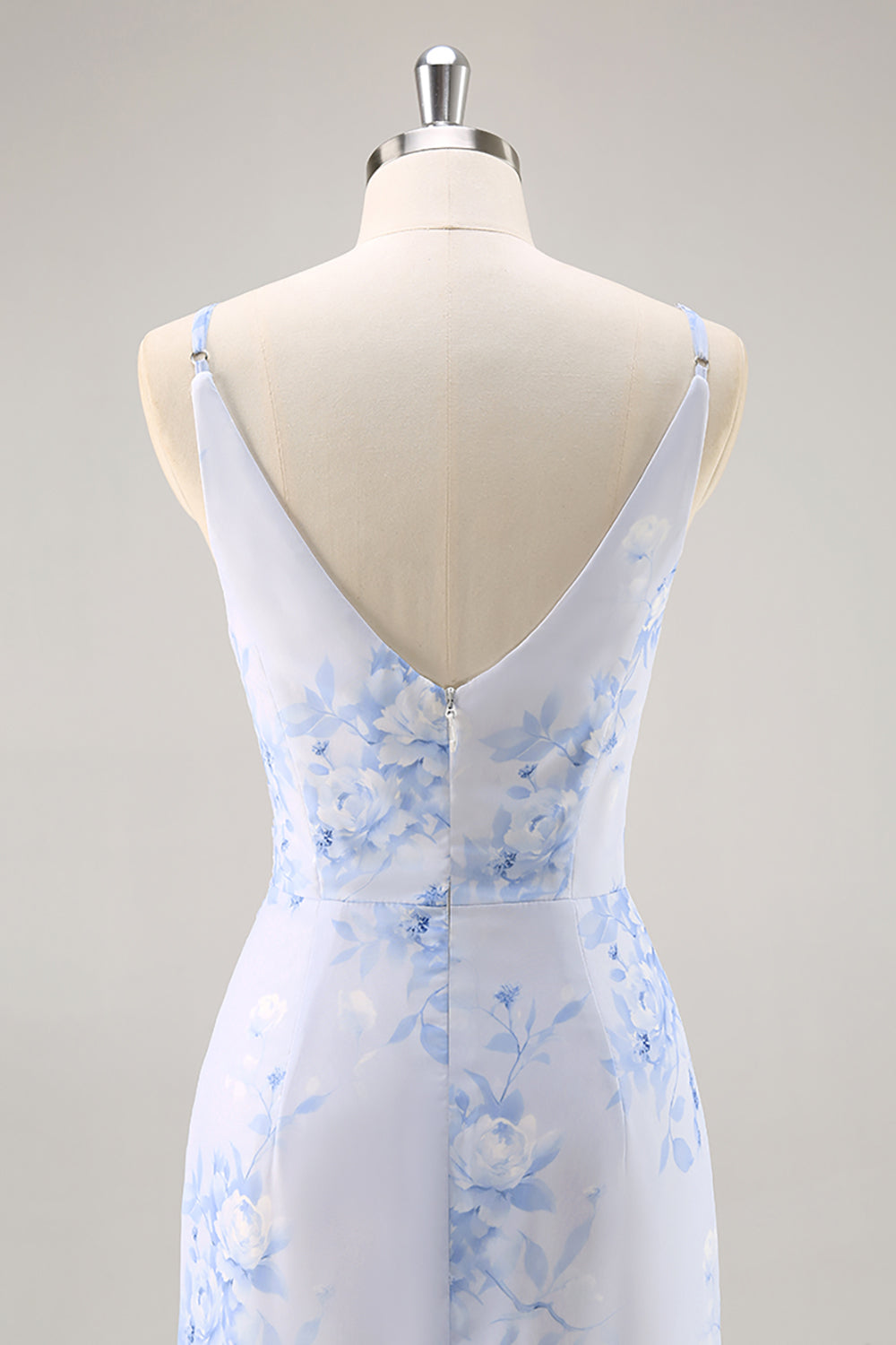 Blaues Geblümtes Gerafftes Chiffon Brautjungfernkleid mit Schlitz
