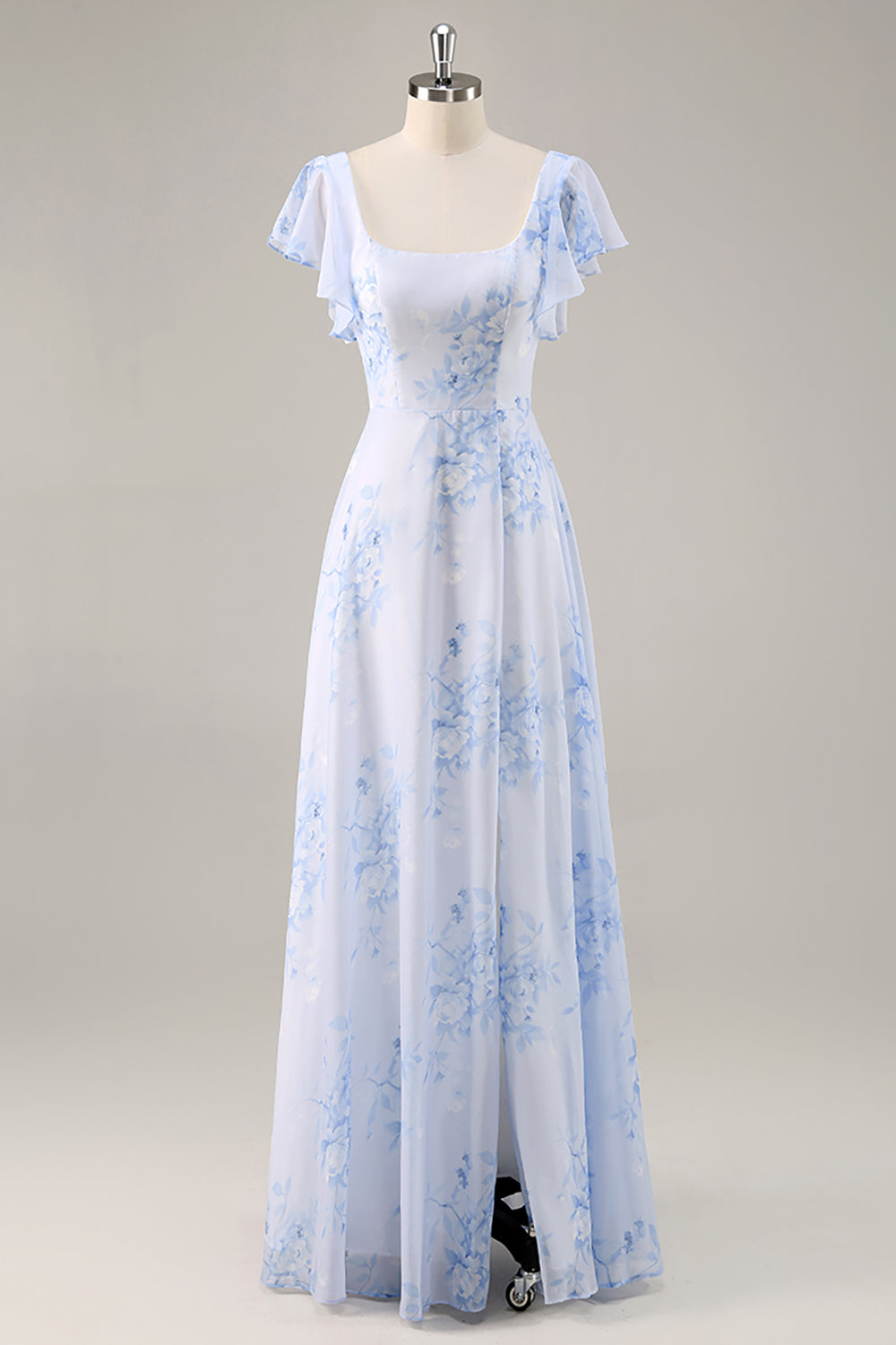 Blaues Chiffon Blumen Brautjungfernkleid mit Rundhalsausschnitt und Rüschen