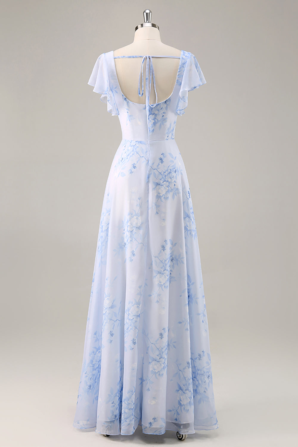 Blaues Chiffon Blumen Brautjungfernkleid mit Rundhalsausschnitt und Rüschen