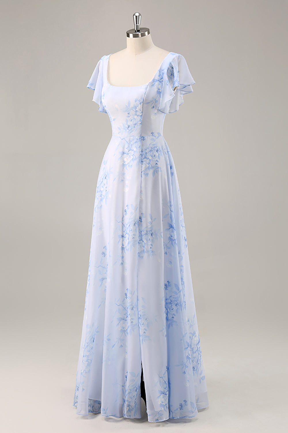 Blaues Chiffon Blumen Brautjungfernkleid mit Rundhalsausschnitt und Rüschen