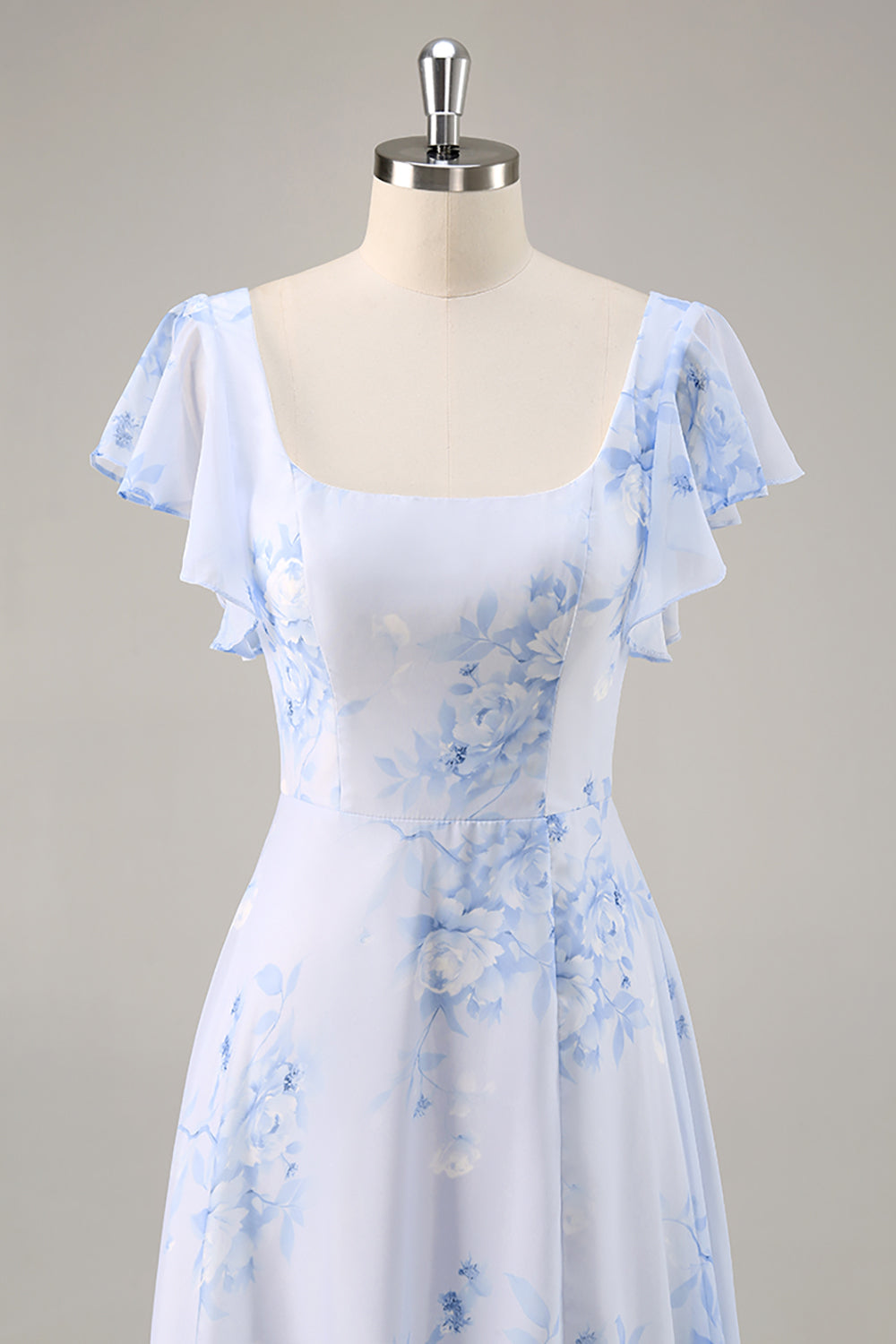 Blaues Chiffon Blumen Brautjungfernkleid mit Rundhalsausschnitt und Rüschen