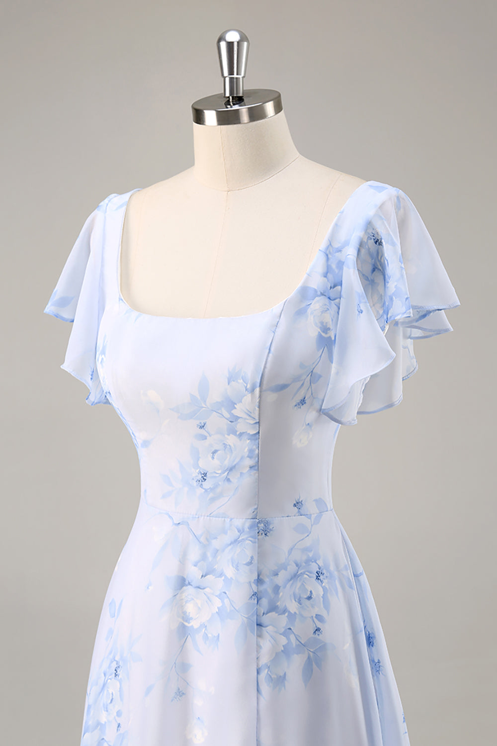 Blaues Chiffon Blumen Brautjungfernkleid mit Rundhalsausschnitt und Rüschen