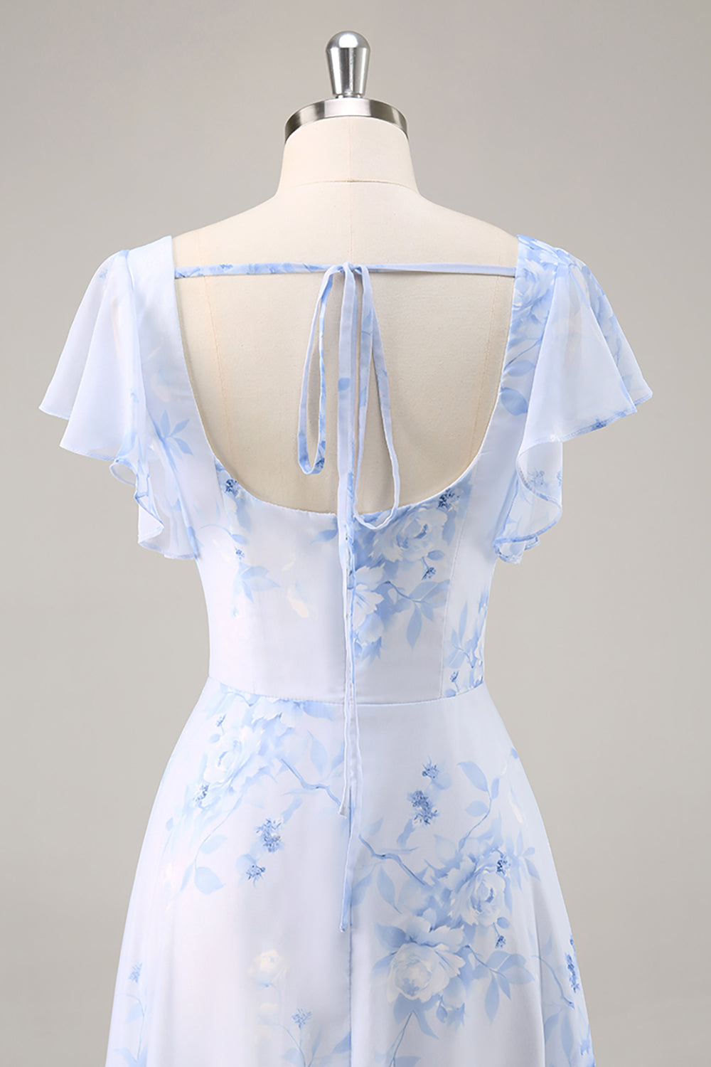 Blaues Chiffon Blumen Brautjungfernkleid mit Rundhalsausschnitt und Rüschen