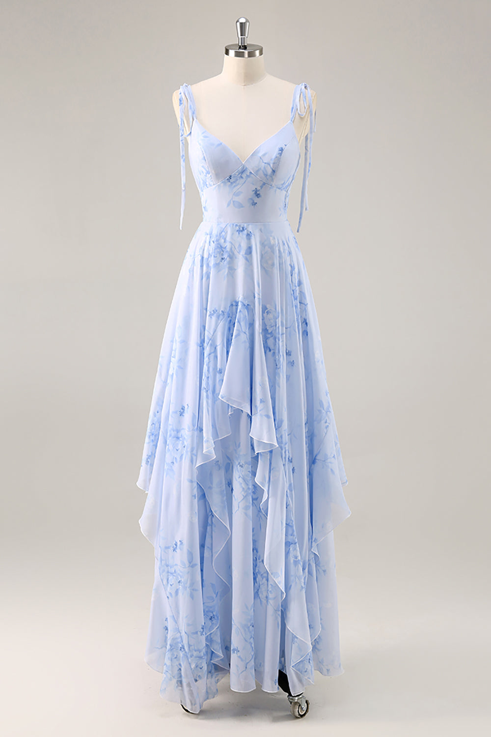 Blaues Chiffon Blumen A-Linie Brautjungfernkleid mit Rüschen