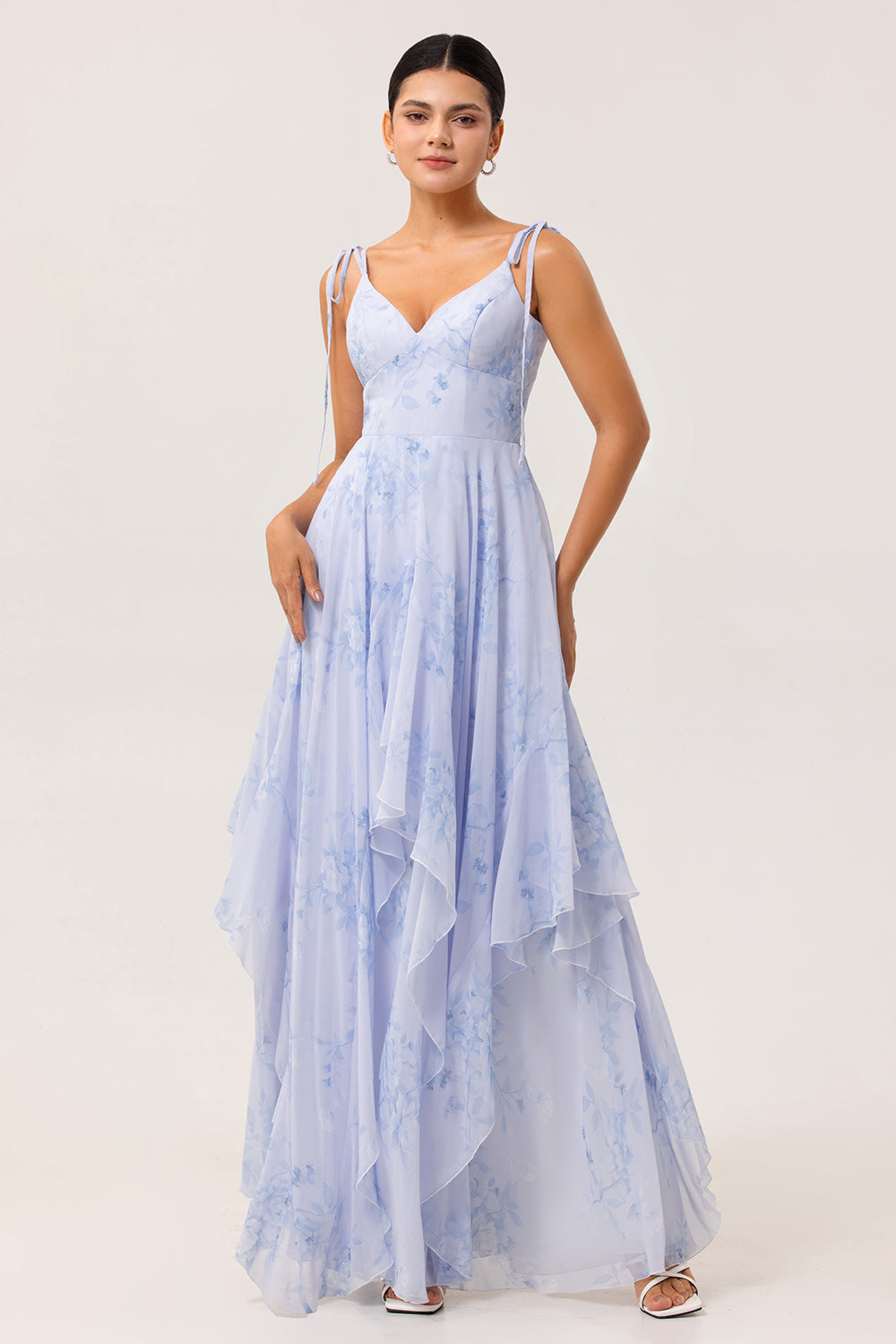 Blaues Geblümtes A-Linie Chiffon Brautjungfernkleid mit Rüschen