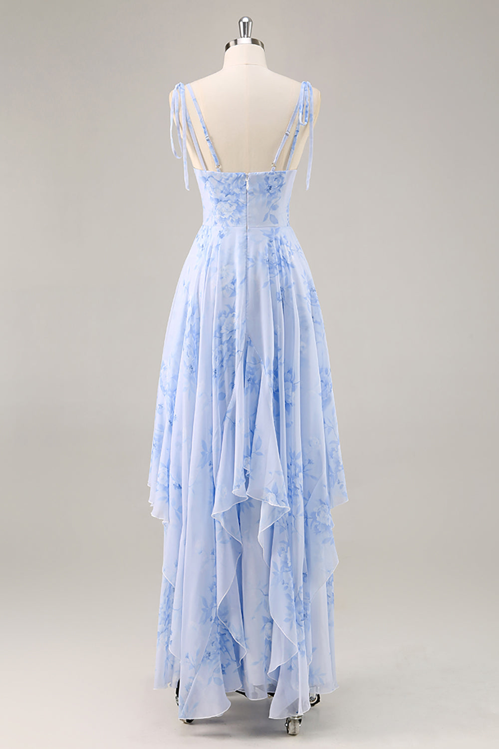 Blaues Chiffon Blumen A-Linie Brautjungfernkleid mit Rüschen