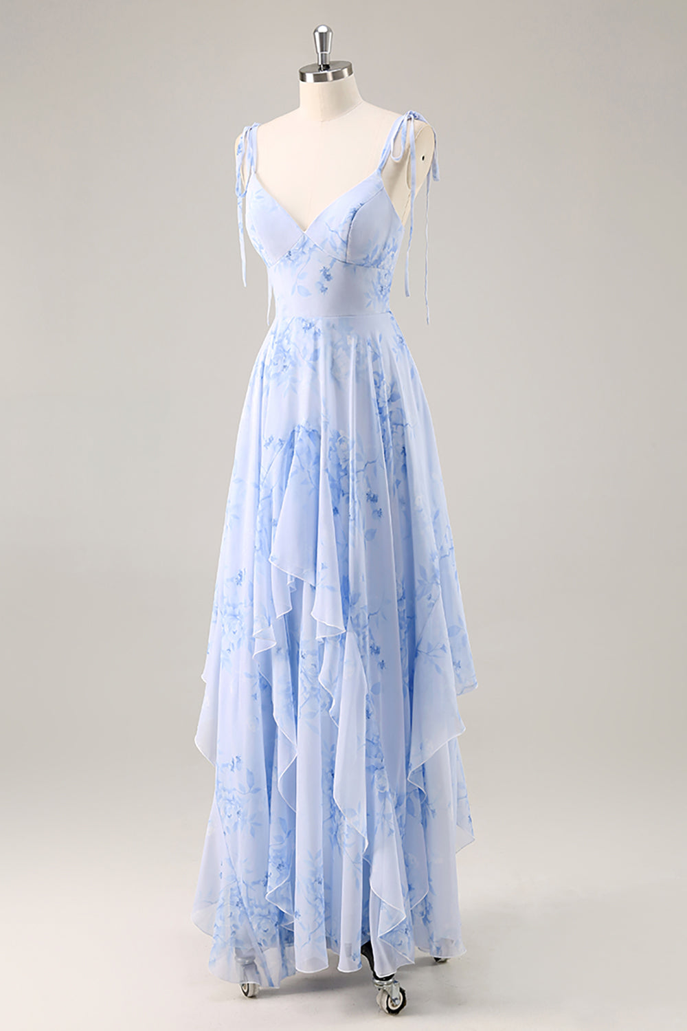 Blaues Chiffon Blumen A-Linie Brautjungfernkleid mit Rüschen