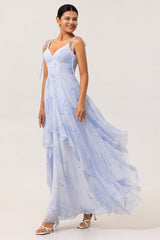 Blaues Geblümtes A-Linie Chiffon Brautjungfernkleid mit Rüschen
