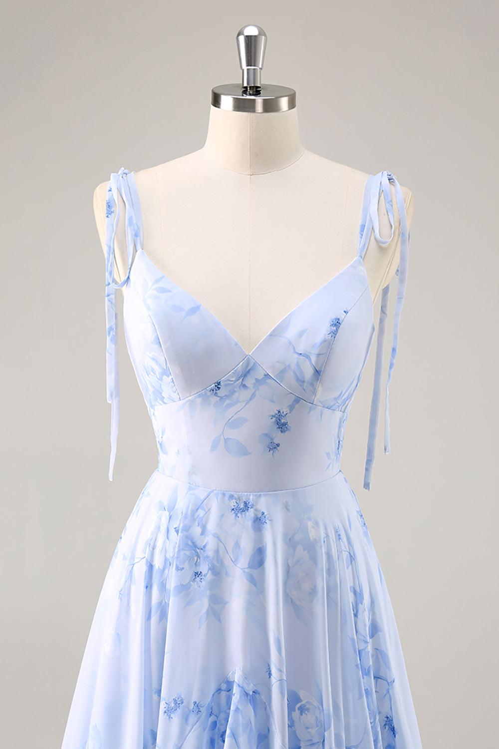 Blaues Chiffon Blumen A-Linie Brautjungfernkleid mit Rüschen