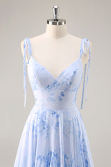 Blaues Chiffon Blumen A-Linie Brautjungfernkleid mit Rüschen