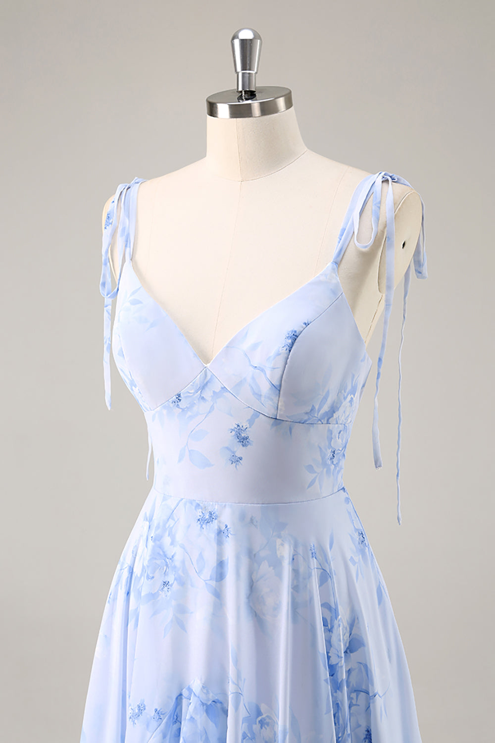 Blaues Chiffon Blumen A-Linie Brautjungfernkleid mit Rüschen
