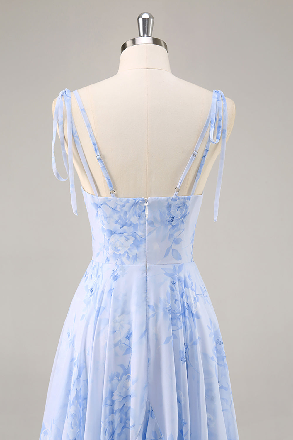 Blaues Chiffon Blumen A-Linie Brautjungfernkleid mit Rüschen