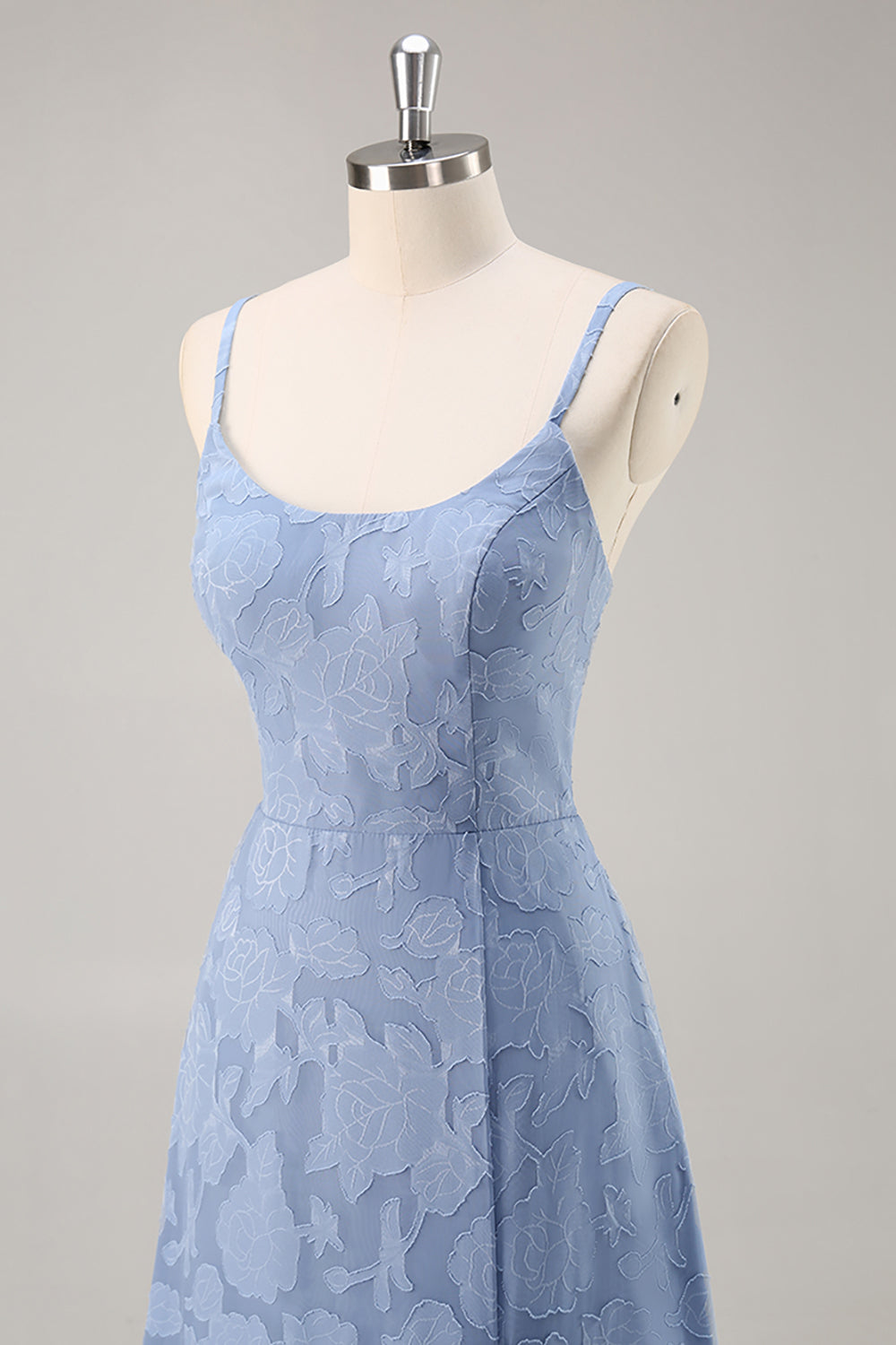 Staubblaues Spitze Spaghettiträger A-Linie Brautjungfernkleid mit Schlitz