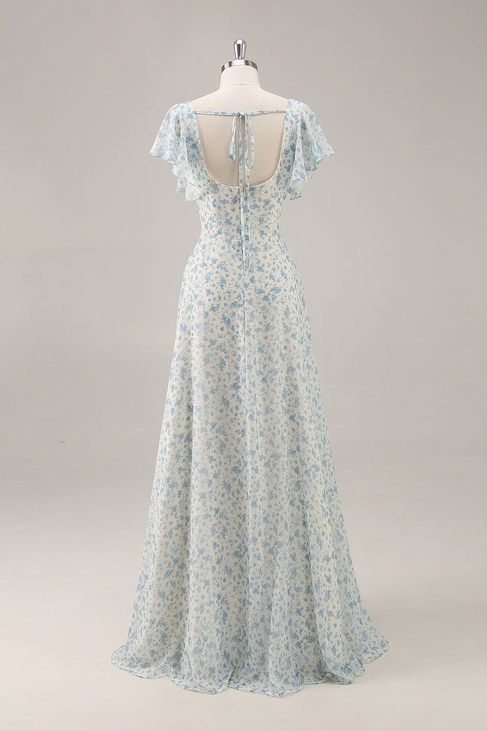Blaues Langes Geblümtes Brautjungfernkleid aus Chiffon mit Rüschen und Schlitz