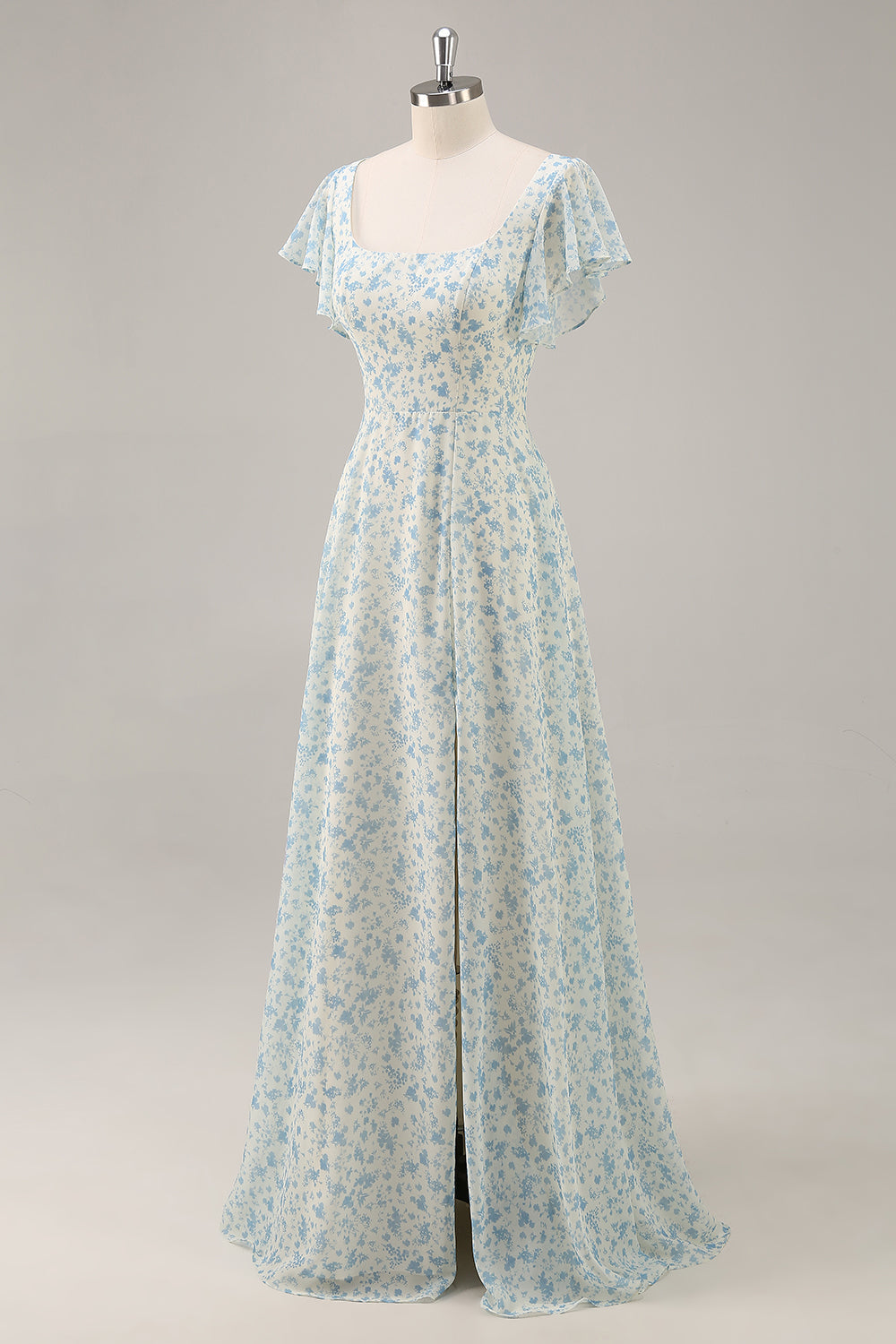 Blaues Langes Geblümtes Brautjungfernkleid aus Chiffon mit Rüschen und Schlitz
