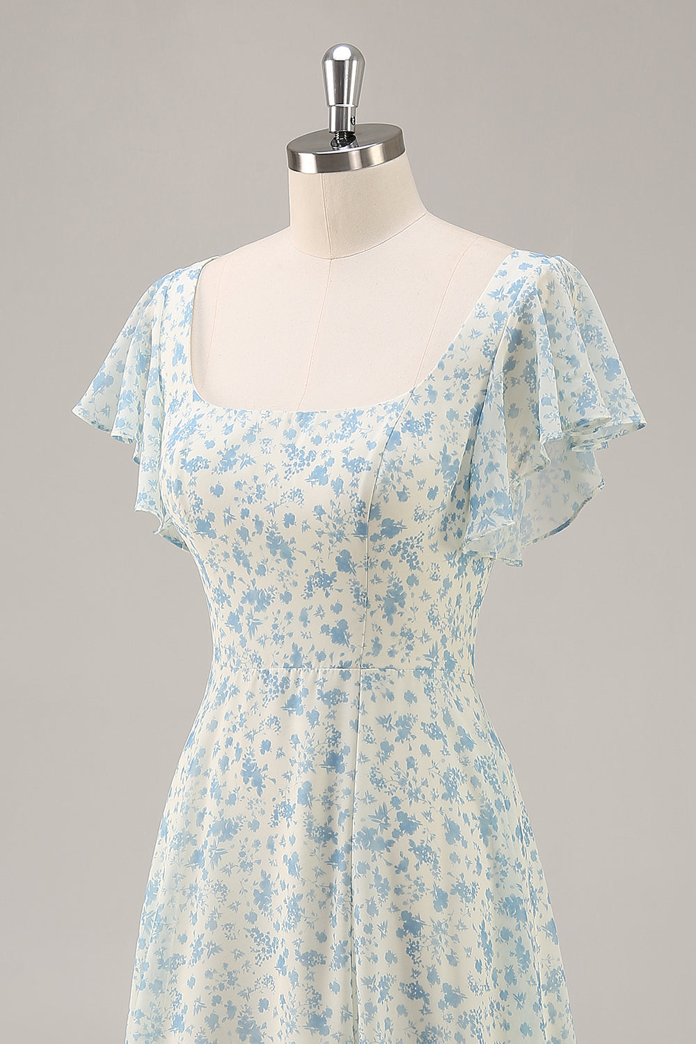 Blaues Langes Geblümtes Brautjungfernkleid aus Chiffon mit Rüschen und Schlitz