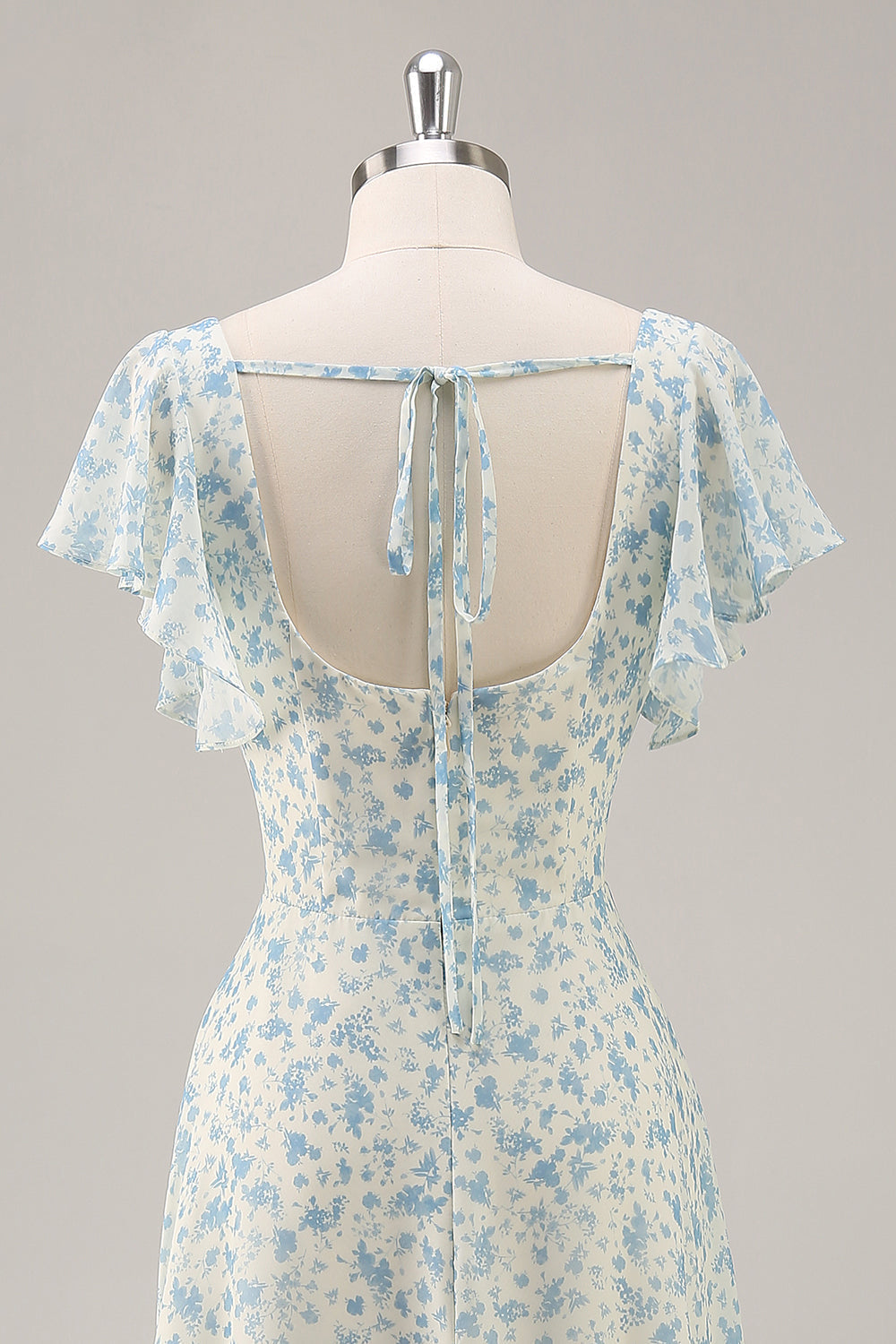 Blaues Langes Geblümtes Brautjungfernkleid aus Chiffon mit Rüschen und Schlitz