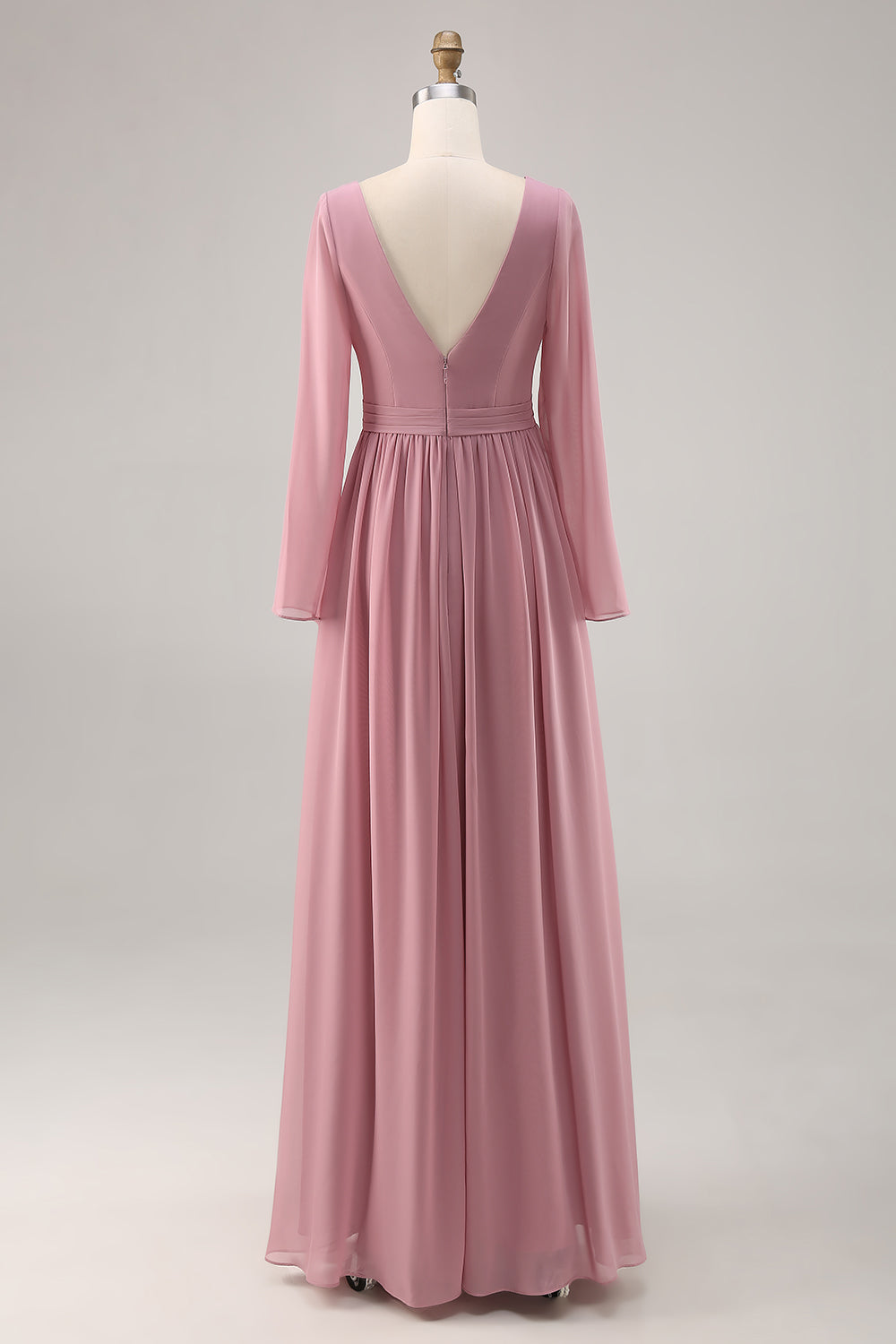 Einfaches Dusty Rose Brautjungfernkleid mit langen Ärmeln und V-Ausschnitt und Schlitz