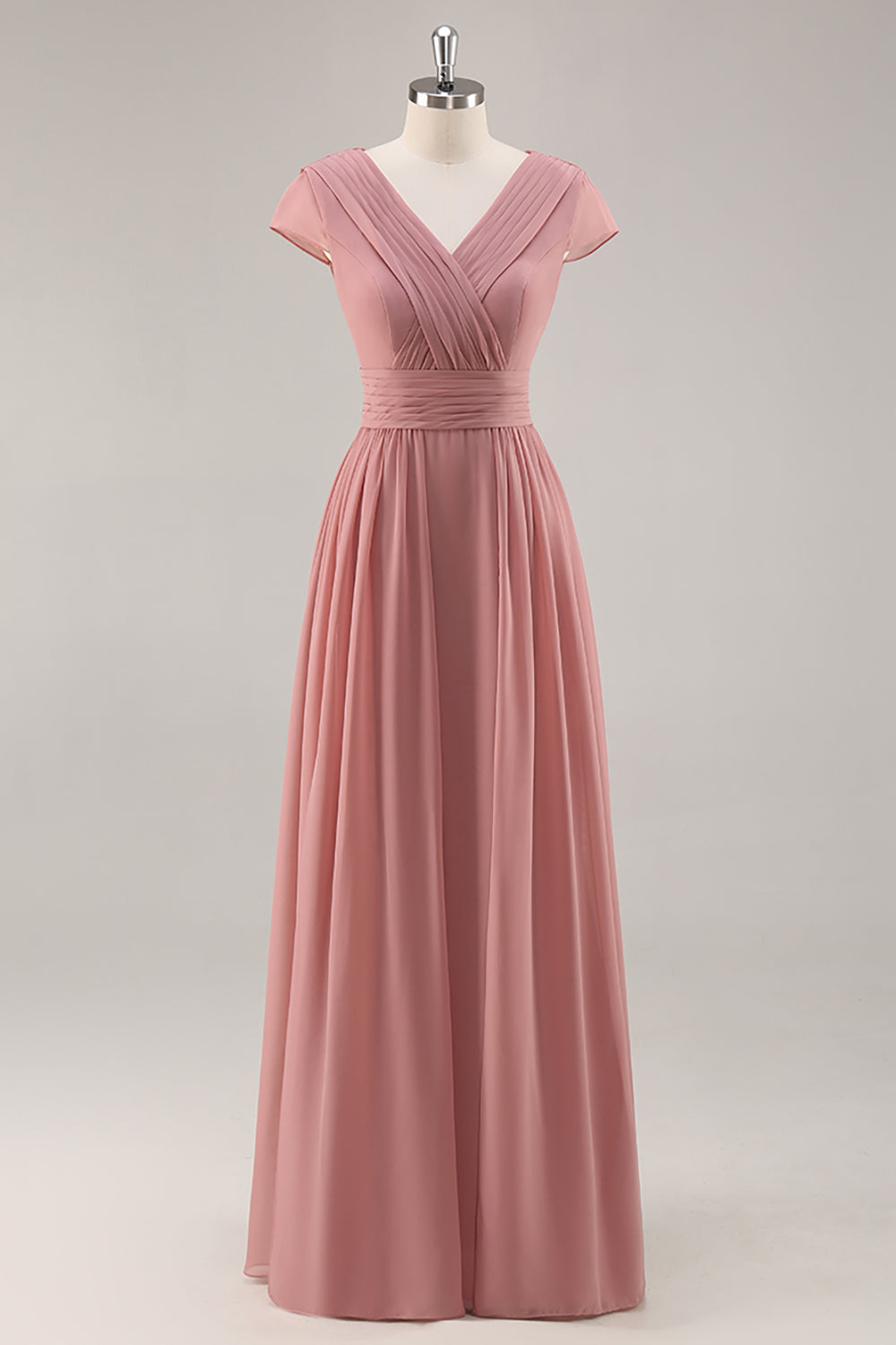 Dusty Rose Langes Chiffon V-Ausschnitt Brautjungfernkleid mit Rüschen und Drapierung