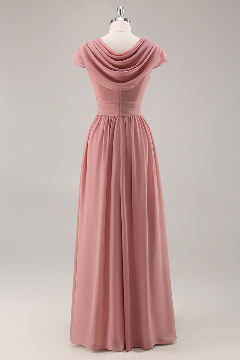 Dusty Rose Langes Chiffon V-Ausschnitt Brautjungfernkleid mit Rüschen und Drapierung