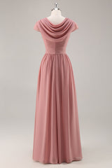 Dusty Rose Langes Chiffon V-Ausschnitt Brautjungfernkleid mit Rüschen und Drapierung