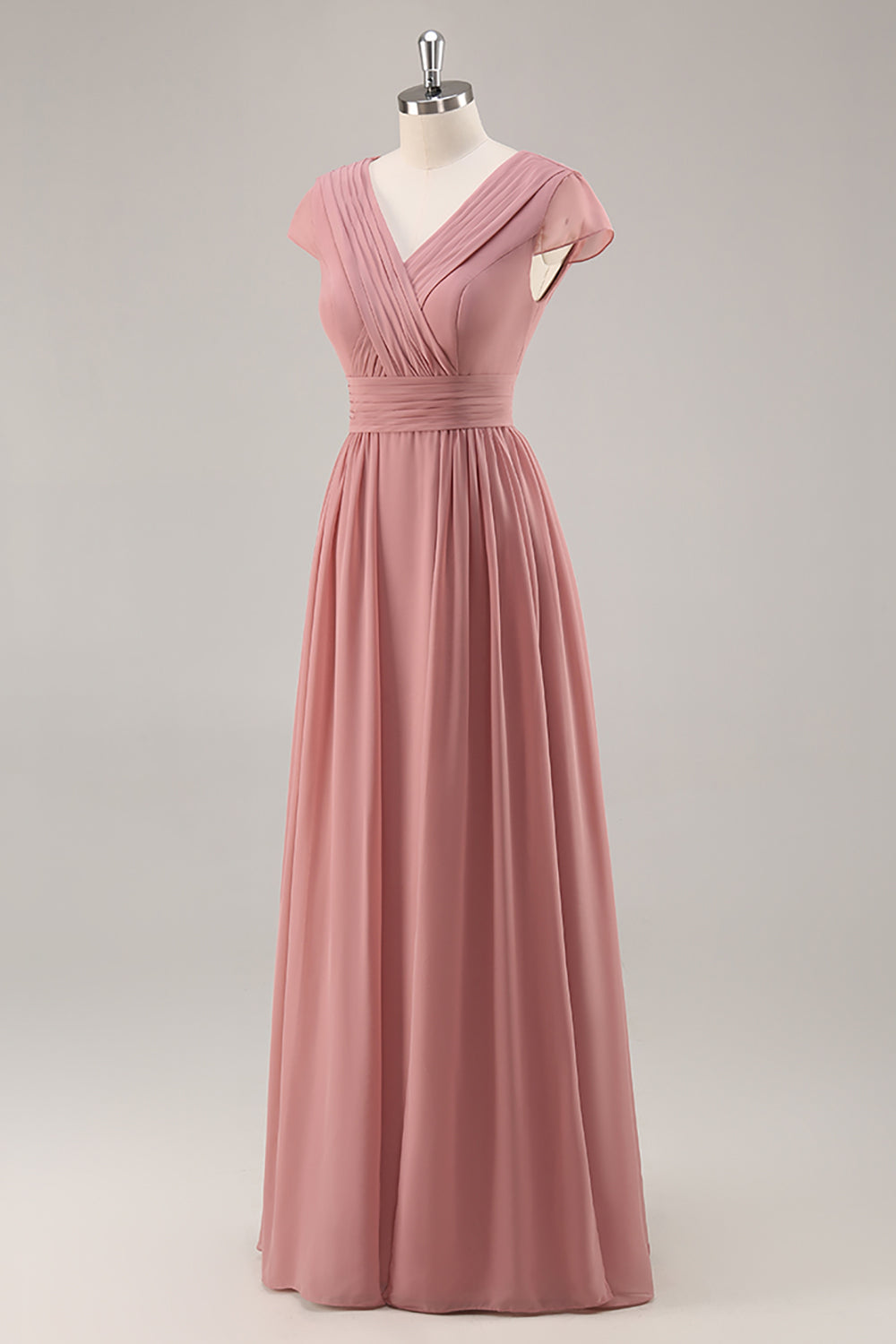Dusty Rose Langes Chiffon V-Ausschnitt Brautjungfernkleid mit Rüschen und Drapierung