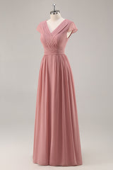 Dusty Rose Langes Chiffon V-Ausschnitt Brautjungfernkleid mit Rüschen und Drapierung