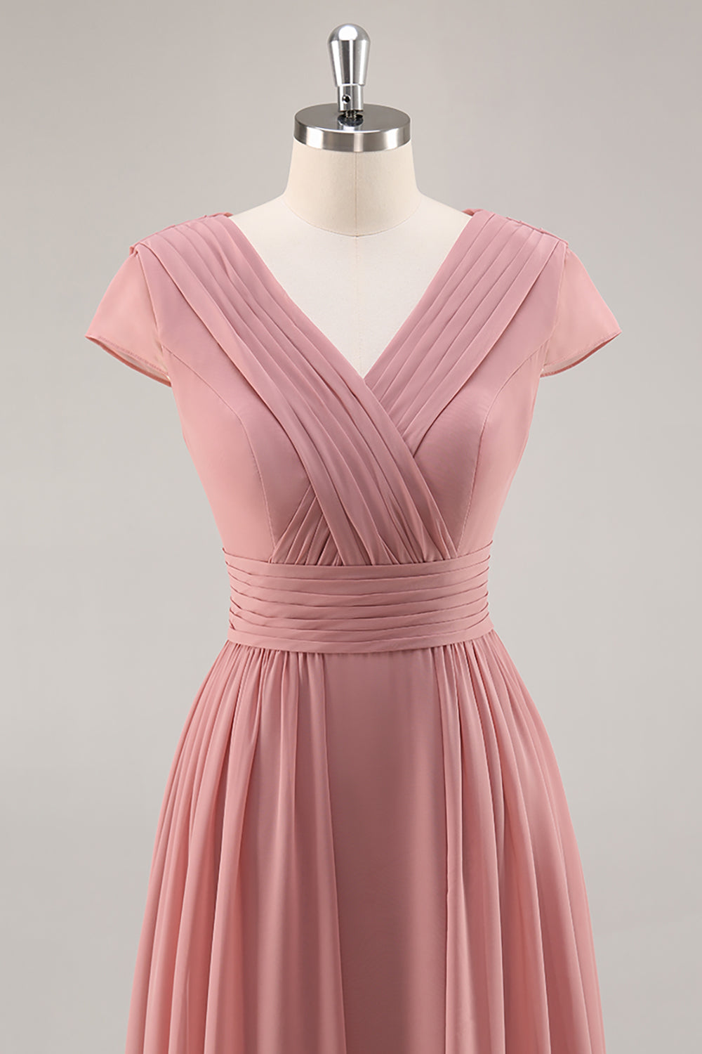 Dusty Rose Langes Chiffon V-Ausschnitt Brautjungfernkleid mit Rüschen und Drapierung